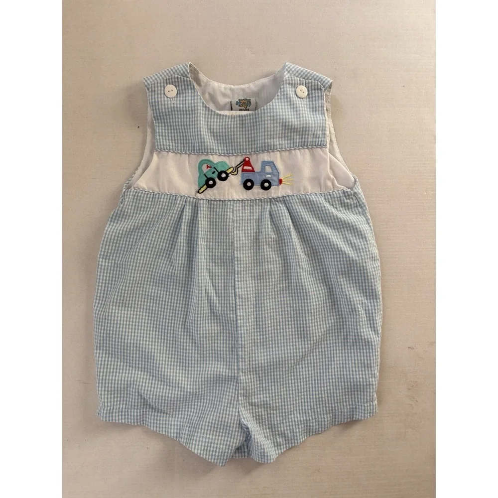 Vintage Baby Boy One Piece Romper Sz 24 Months Blue Checkered Tow Truck Car - Picture 1 of 6